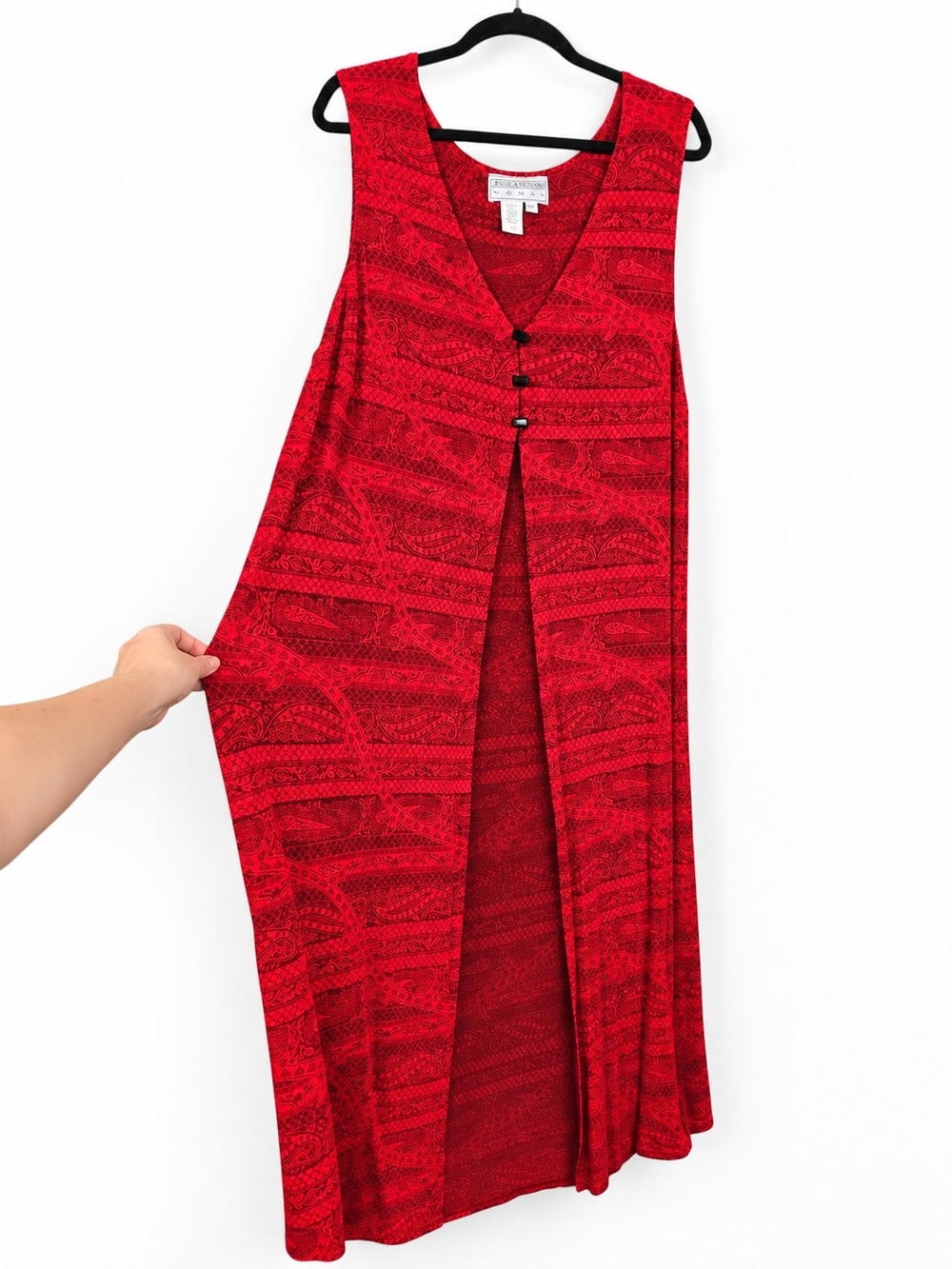 Vintage Jessica Howard 1X Red Paisley Maxi Duster Dress 90s Boho Art to Wear